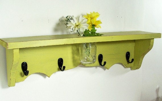 wood shelf 24 inch-floral vase, key hooks, coat hooks, homeorganizer, cottage decor, home decor, distressed, and painted Light Avocado