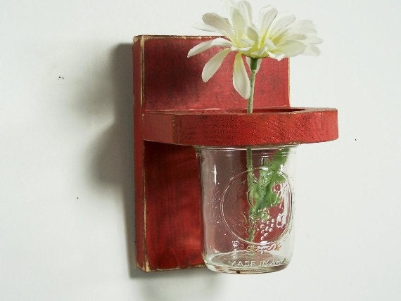 Vintage floral wall vase, wood sconce, home decor, wedding decor, shabby chic, country style, painted Rich Red