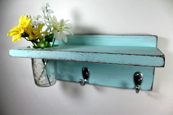 Vintage shelf 2 key hooks with floral wall vase, wood, distressed, sconce, shabby chic, home decor, country style, painted Baby Blue