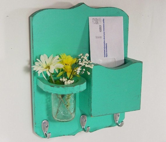 Mail organizer, shabby chic, floral vase, mail holder, key hooks, mail holder, wood, distressed, vintage, home decor,painted Aqua Blue