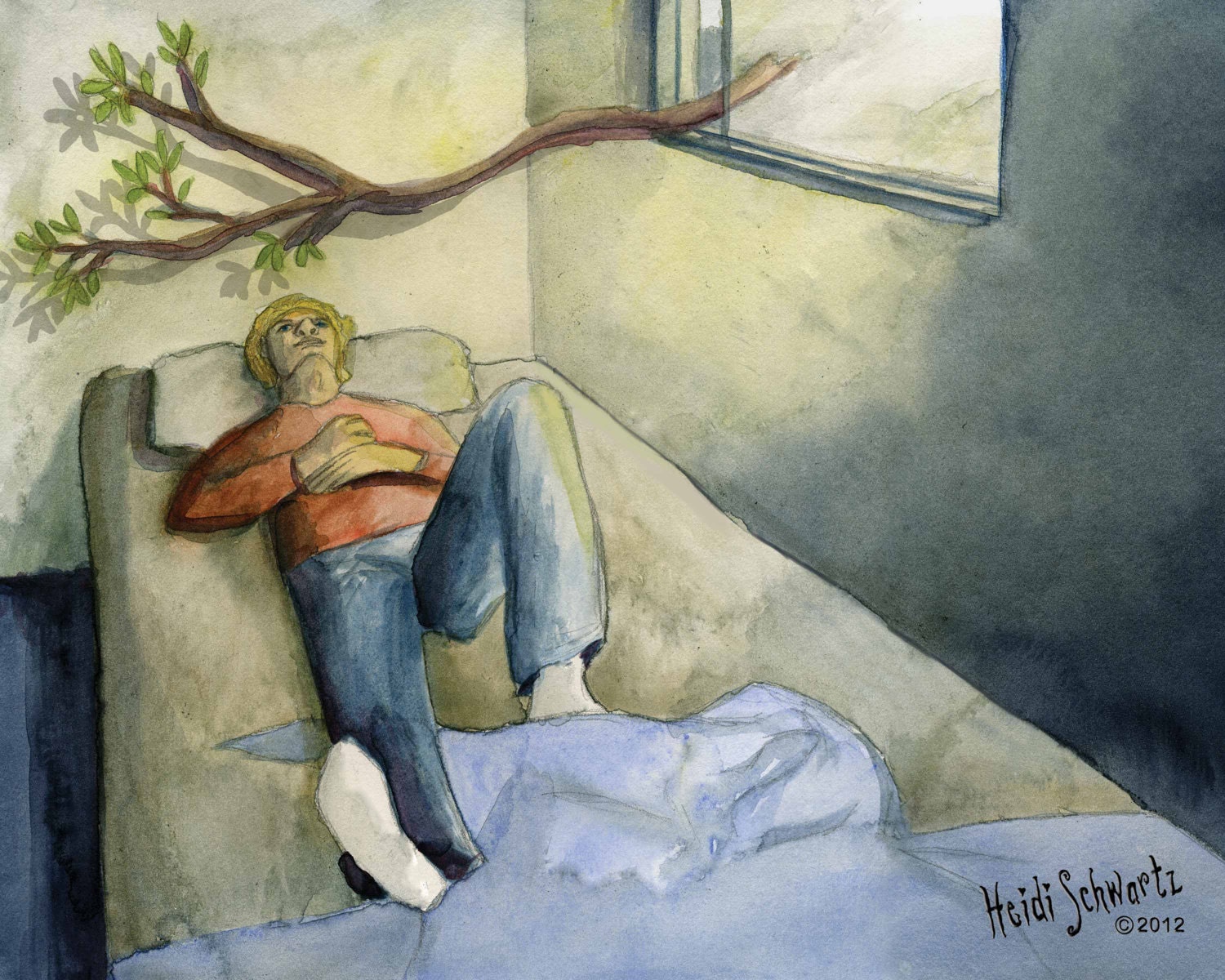 PRINT. 8x10" The Angel Collection. Boy lies in basement bed pretending a tree branch is a tree.