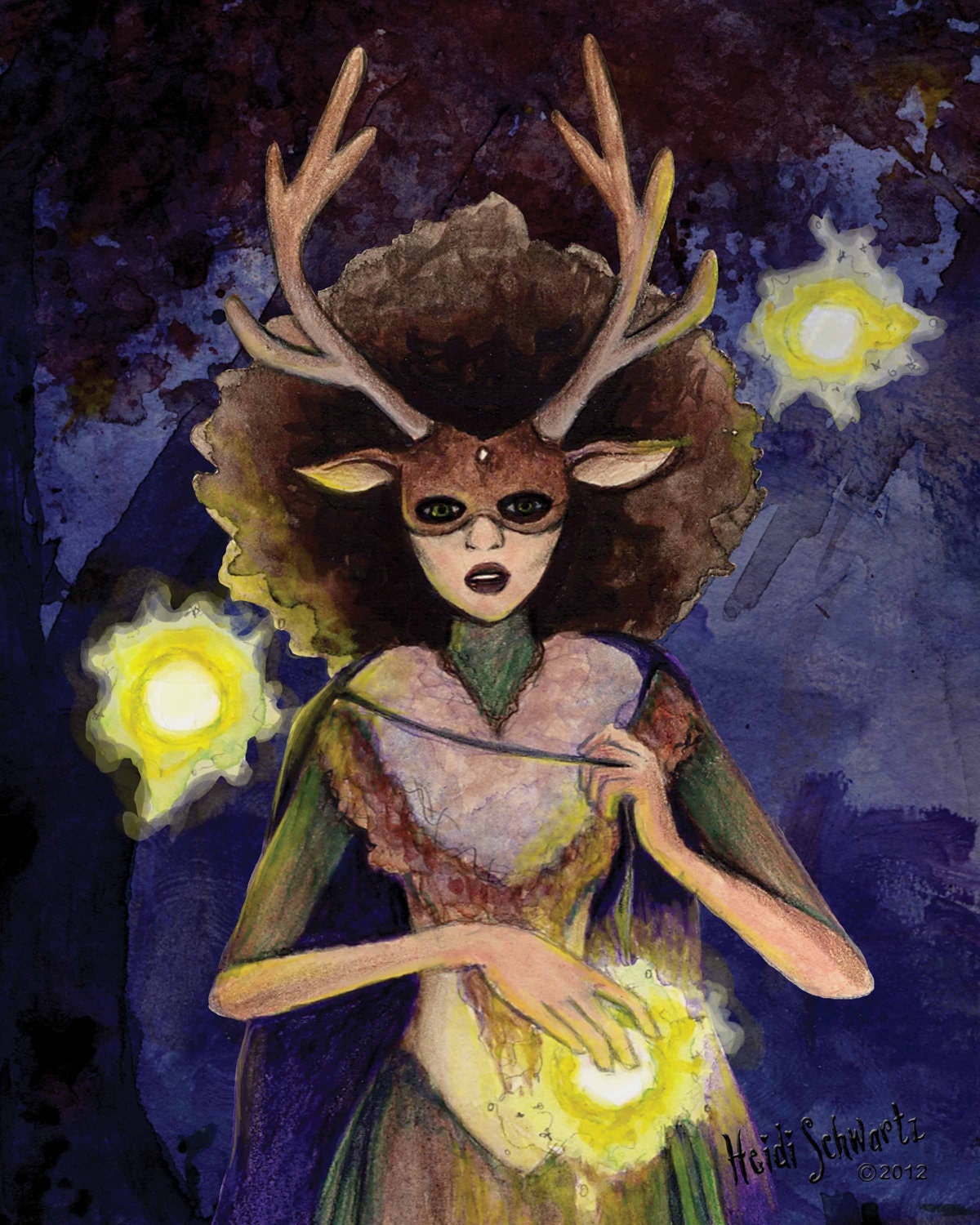 PRINT. 8x10". Combination woman-deer stands in the dark with orbs of floating light.