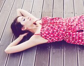 SUPER SALE - 40% off - Julie summer dress - cotton dress in coral red with little sailboats print w/ belt