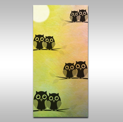 15,7 x 31,5 original acrylic tree owl painting "Owls on branches" by creative art gallery - ready to hang