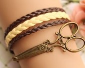 scissors bracelet,retro bronze big scissors pendant bracelet,yellow and brown leather braid bracelet---B086