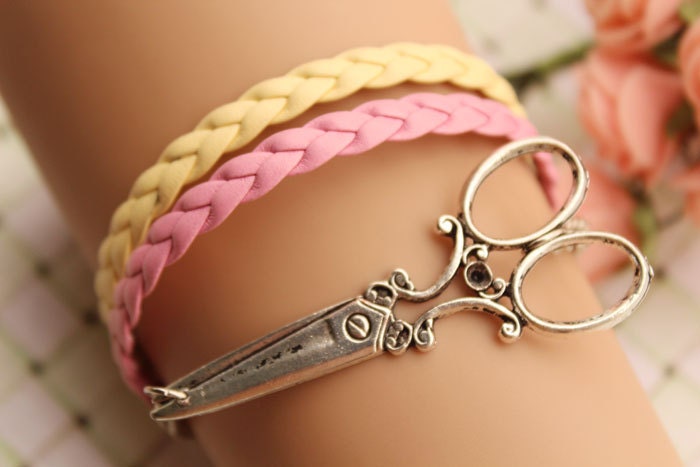 scissors bracelet,retro silver big scissors pendant bracelet,yellow and pink leather braid bracelet---B087