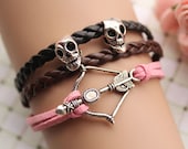 ANTI-WAR,retro silver bow with arrow,skull bead bracelet,black and brown leather braid bracelet---B123