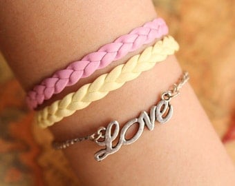 LOVE bracelet,retro silver little love letters pendant alloy bracelet,yellow and pink leather braid bracelet---B056