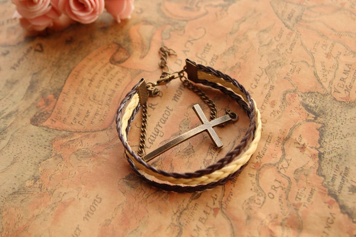 cross bracelet,retro bronze big cross pendant alloy bracelet,yellow and brown leather braid bracelet---B112