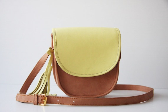 LIME - Cross Body Leather Bag in Nude and Pale Lime Yellow