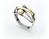 Superb quality handmade 9k 9ct yellow gold & 925 silver ring white pearl art new