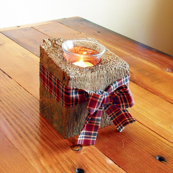 Barnwood candle holder, rustic block candle