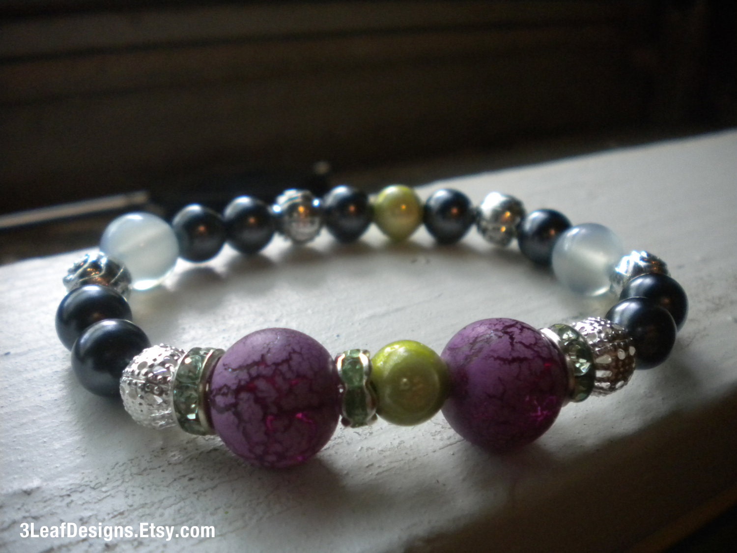 Pretty in Purple Arm Candy, Crackled Pastel Beaded Bracelet with Rhinestones & Silver