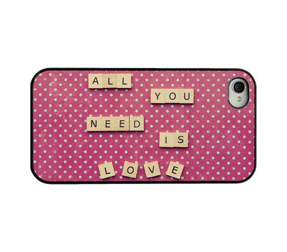 Iphone cover - All you need is love quote Iphone 4 4s and 5 case - polka dots - letter tiles quote - Girly Iphone cover