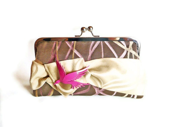Vintage Love Bird Clutch Purse Pink Chocolate Gold Chicago Fine Threads Special Occasion Purse