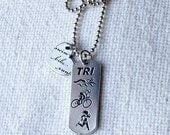 Triathlon Long Tag style necklace with Swim Bike Run Heart Charm