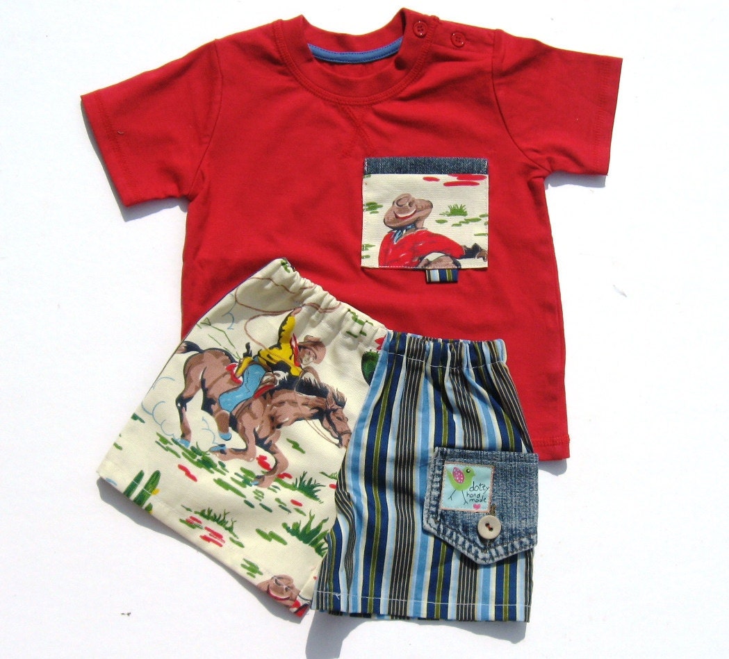 Baby boy shorts T-shirt, 6-9 months, Cowboys,horse, red, blue, cream