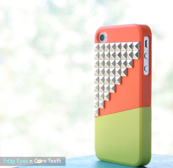 iPhone 4, 4S case - Color Block Stud - Orange / Green / Silver studs