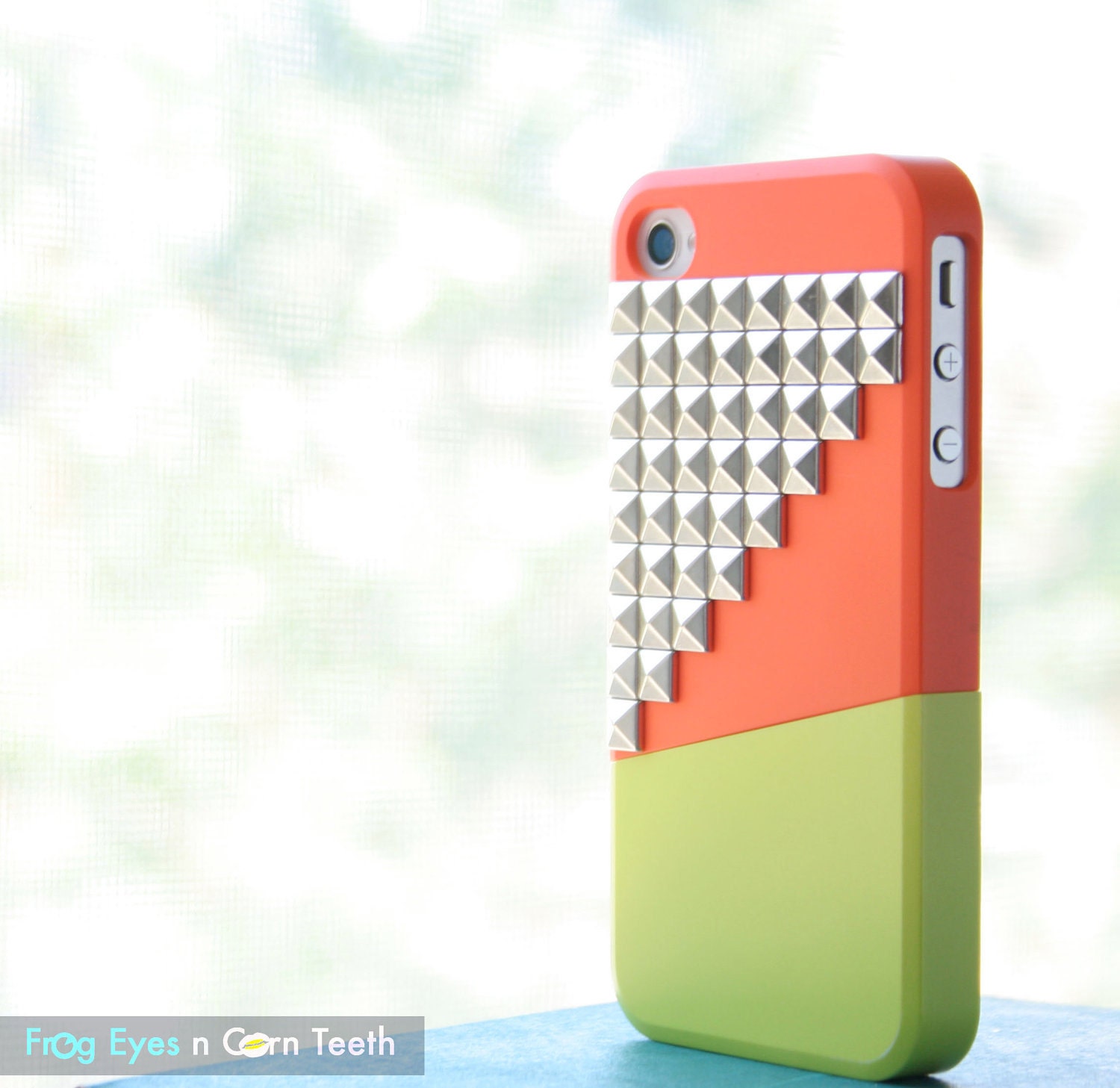iPhone 4, 4S case - Color Block Stud - Orange / Green / Silver studs