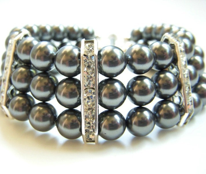 Multi Strand Pearl Cuff Bracelet w Rhinestones Swarovski Pearl Triple Strand Bridesmaid Jewelry in Black Gray White Ivory Pearls