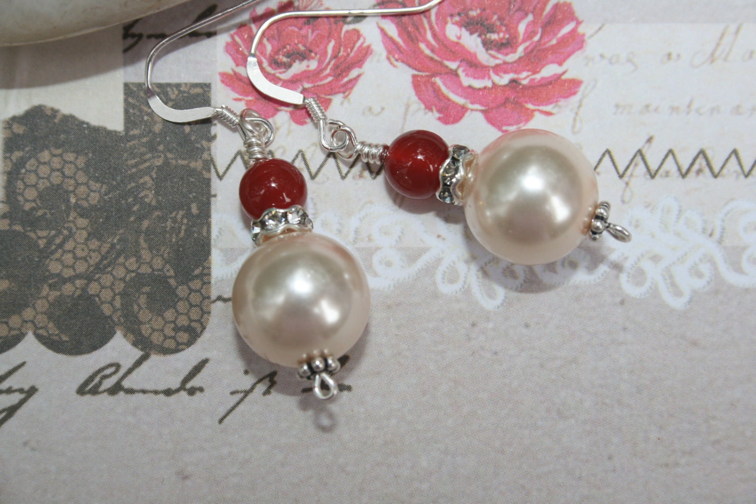 Carnelian and Pearl Sterling Silver Earrings