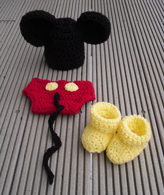 Mickey Mouse baby hat and diaper cover set complete with mickey boots