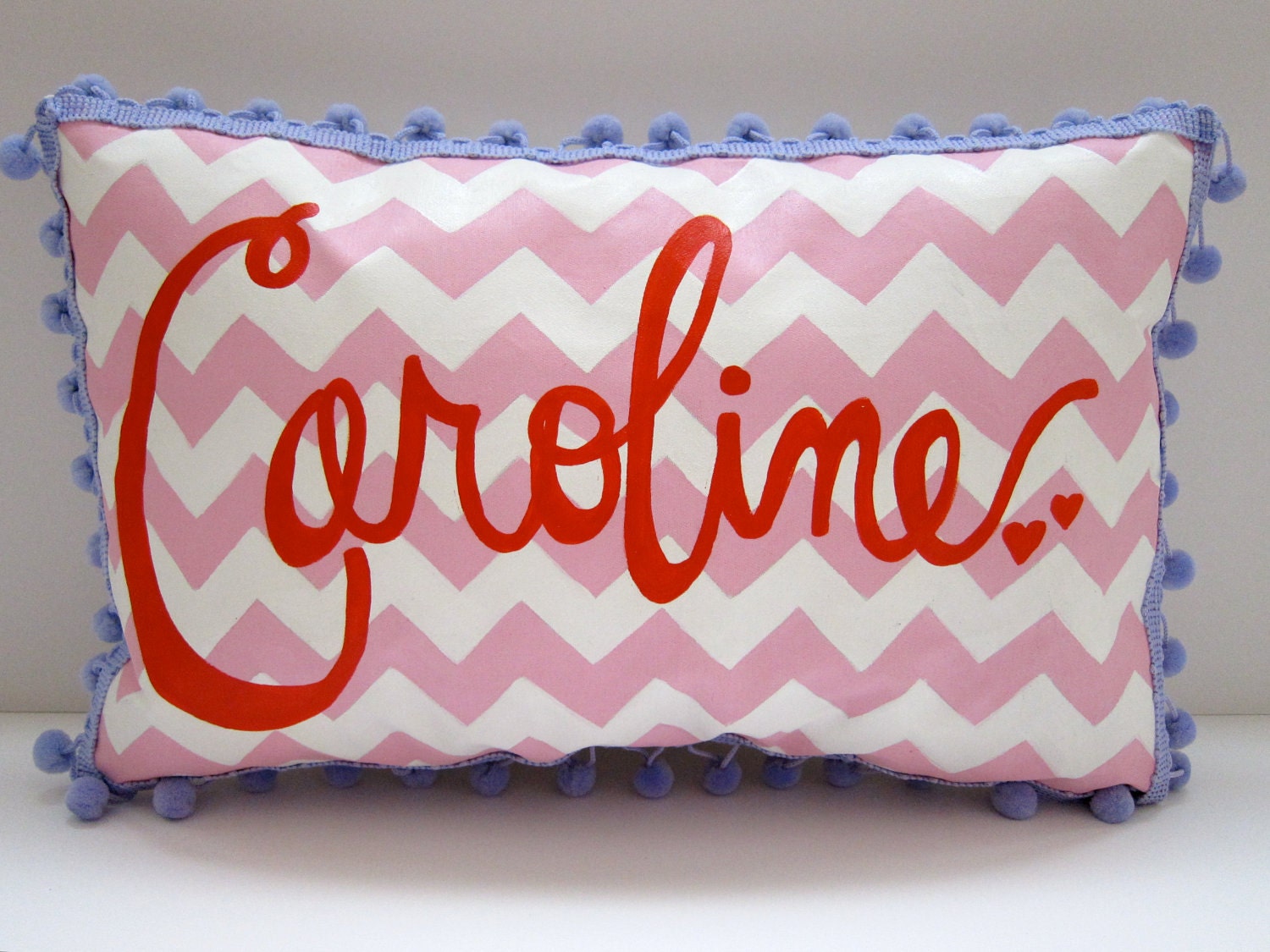 Personalized baby pillow in sweet pink chevron with purple trim
