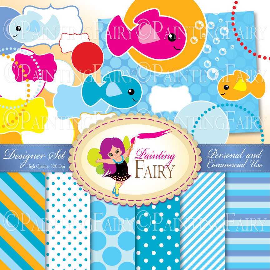 Designer Set: 19 Cliparts - 7 Papers / Under the Sea backgrounds pack Swimming fishies digital clip arts Personal & Commercial Use pf00019-2