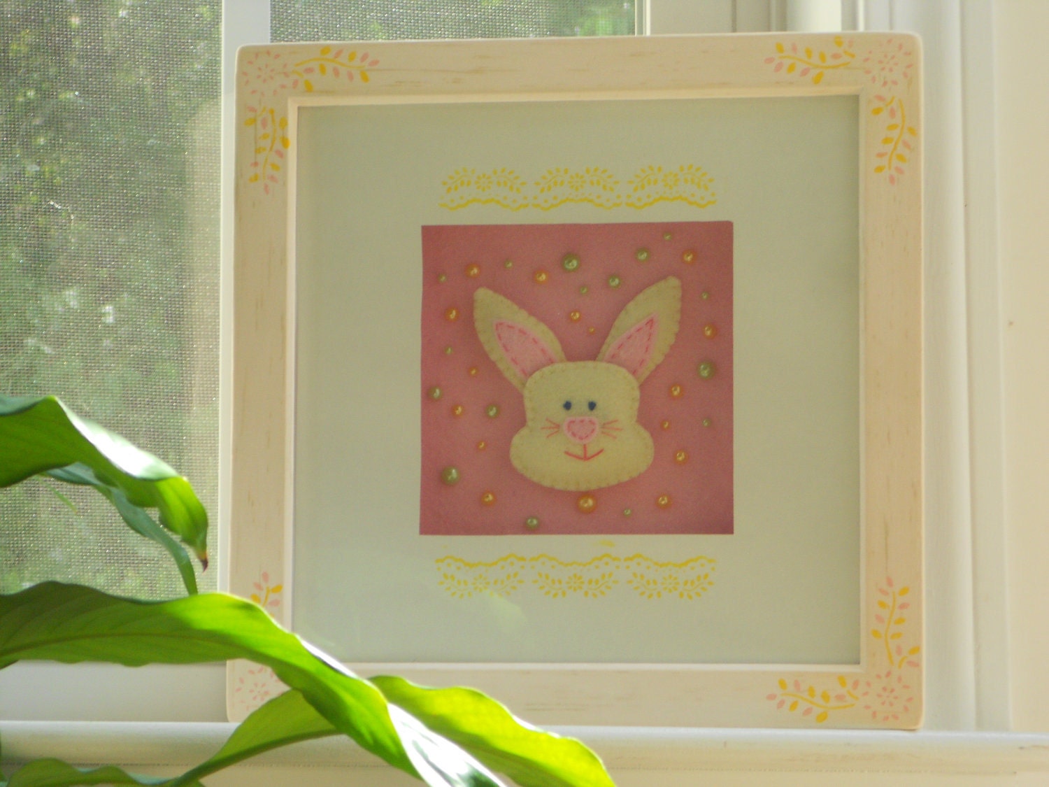 Bunny Rabbit Art in Felt with custom sweet pink frame 11 x 11 x 2