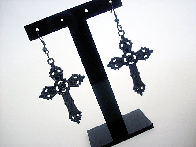Large cross earrings in black Goth