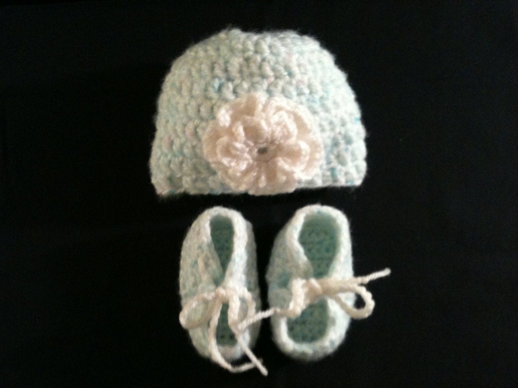 SALE Light Blue, Fuzzy Baby Beanie and Bootie Set- Newborn to 3 months- Ready To Ship -SALE