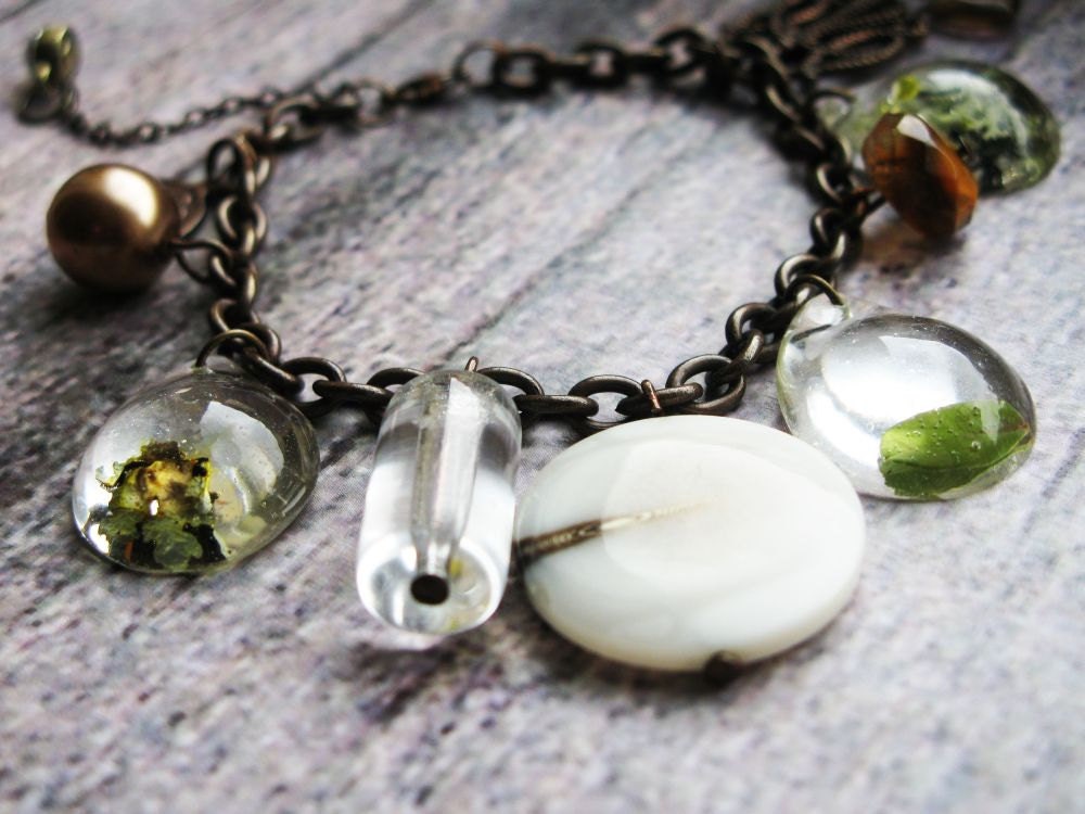 Antique copper charm bracelet with Resin Beads Real Moss Resin Charm Bracelet Resin Jewelry Rustic Woodland Jewelry