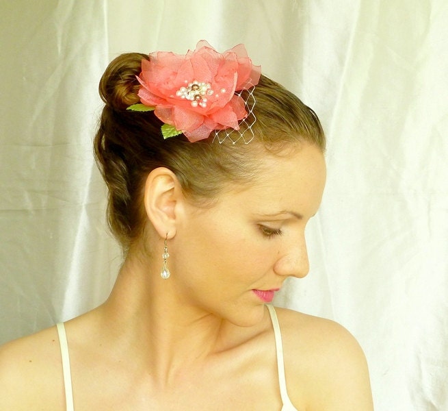 Coral Pink Bridal Veil Fascinator