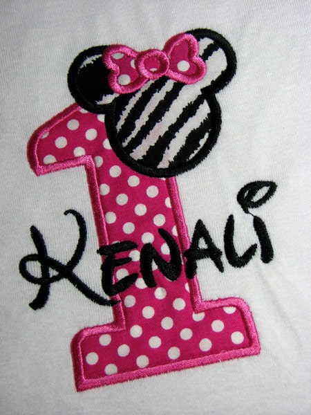 Personalized First Birthday Minnie Mouse Shirt in Hot Pink Polka Dots and Zebra Print. SHORT SLEEVES