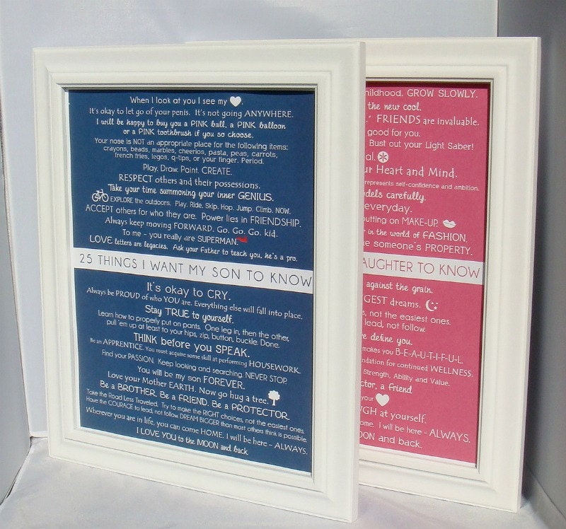 Mommy OM art prints. Kids Wall Art. 25 things i want my daughter to know 11x14 25 things i want my son to know PRINT PAIR