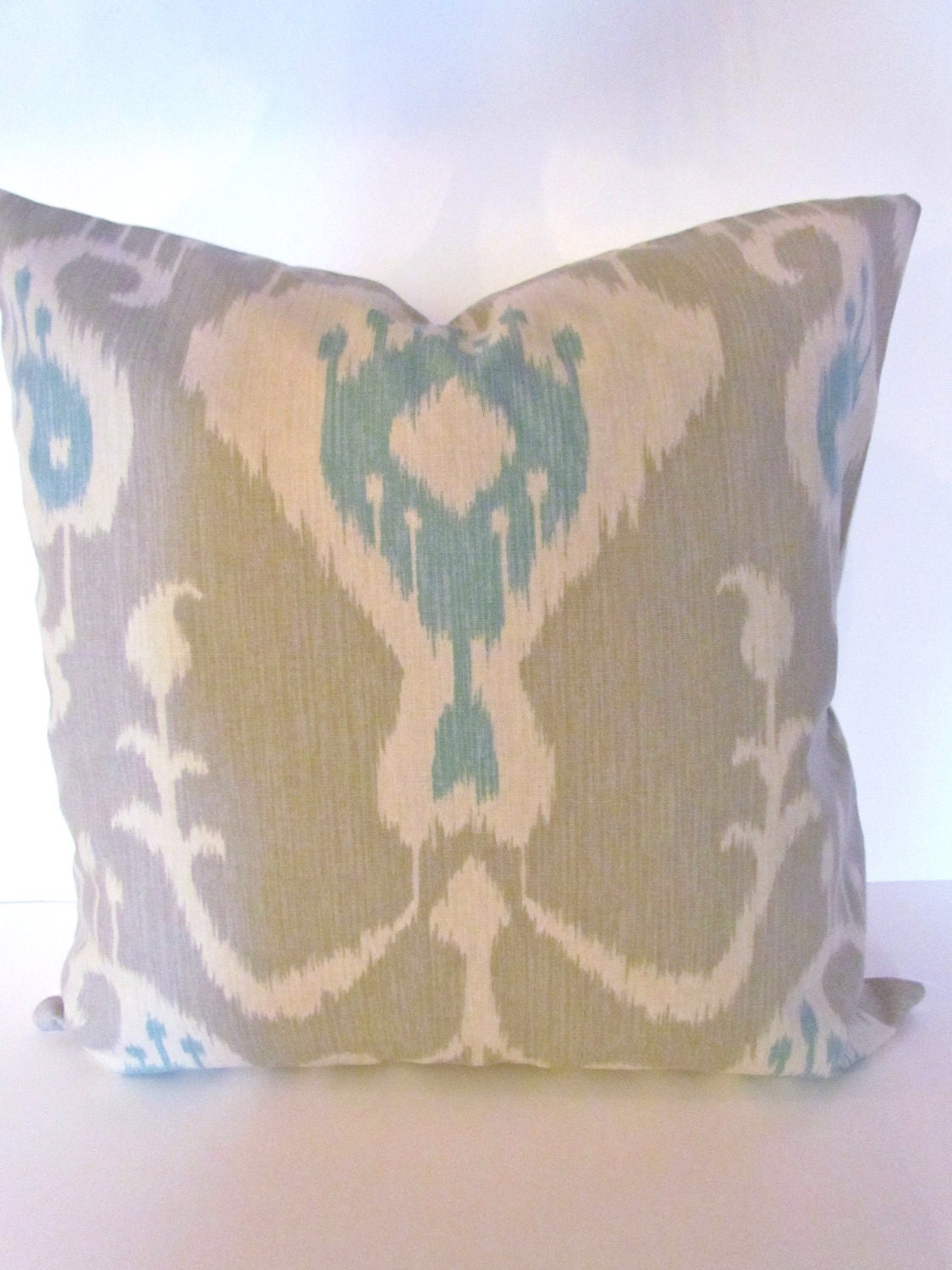 IKAT PILLOW COVER Tan Blue 20x20 Throw Pillows 20 x 20 Khaki Aqua Ikat Throw Pillow Cover