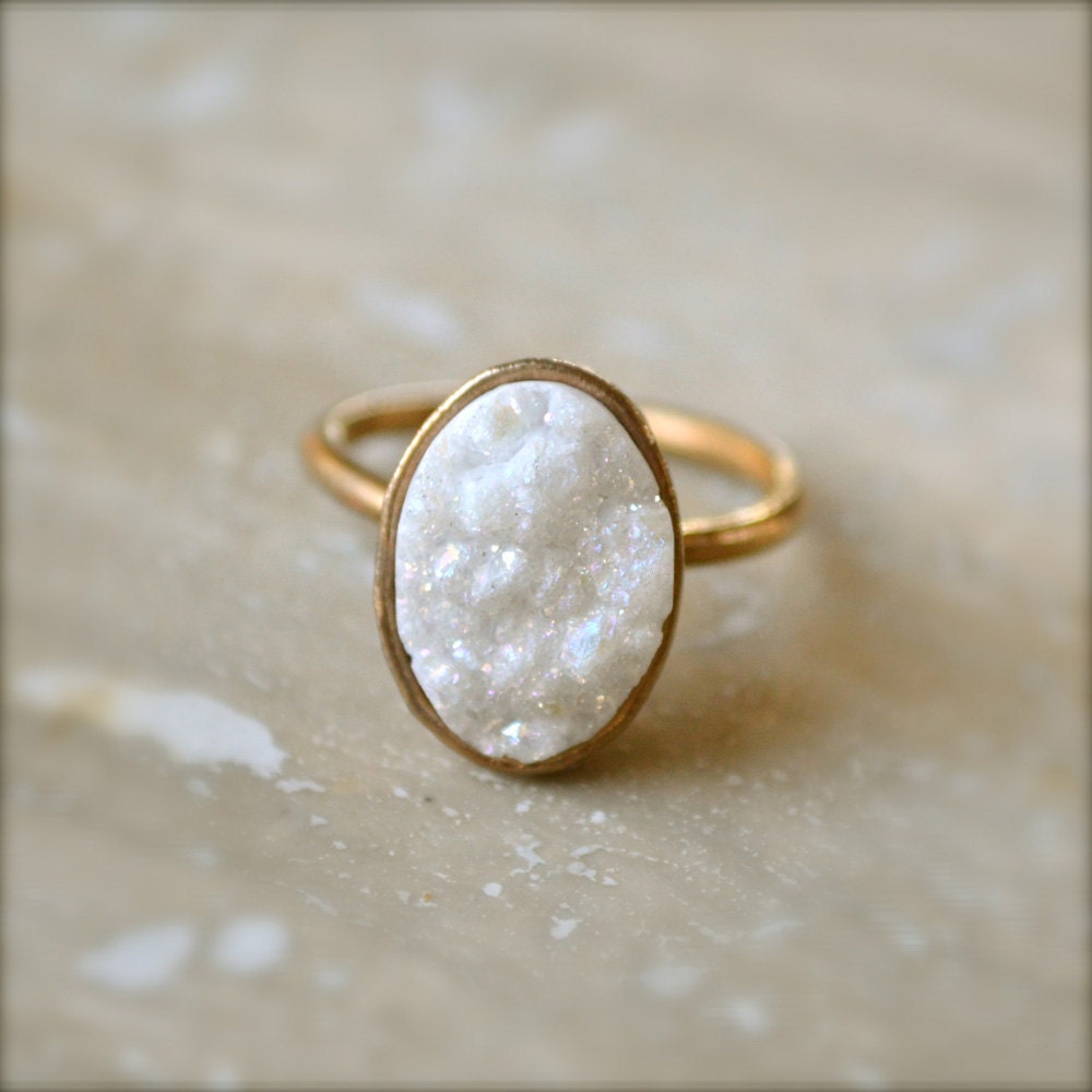 White Oval Druzy Gold Ring