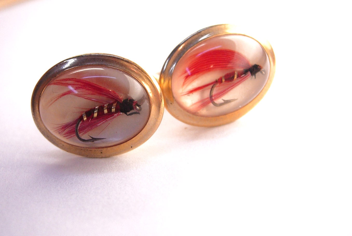 Vintage Fly Fishing Hunting Goofus Glass Cufflinks Signed Anson