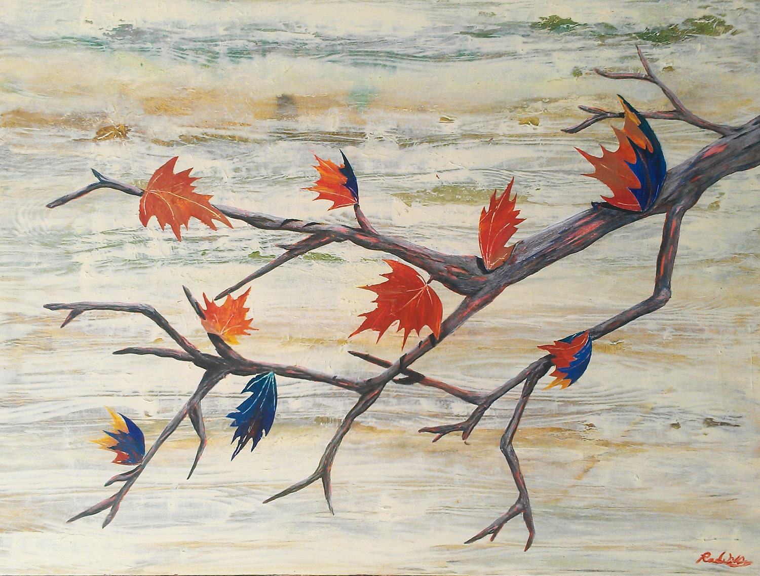 Fall Leaves 1. Acrylic abstract on canvas. Seasaonal leaf, tree and branch painting. Centerpiece. Nature art. Natural textures. Bright color