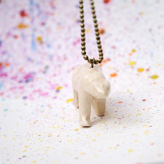 Polar bear pendant. White porcelain necklace.