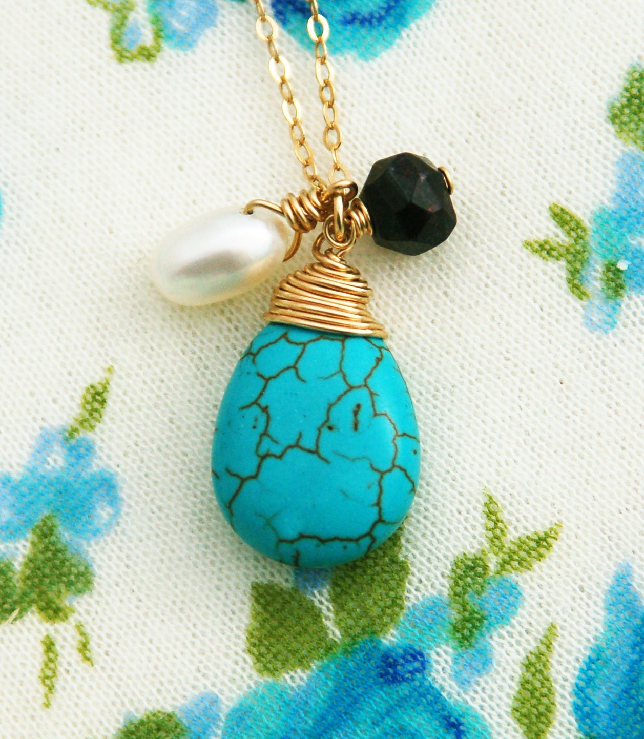 Turquoise necklace, drop pearl garnet long necklace 14k gold filled wire wrapped silver turquoise pendant, gift for her, large stone pendant
