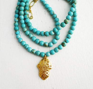 Filigree Hamsa necklace, turquoise necklace, gold necklace, hamsa hand, hamsa jewelry, gold hamsa pendant, chunky turquoise necklace