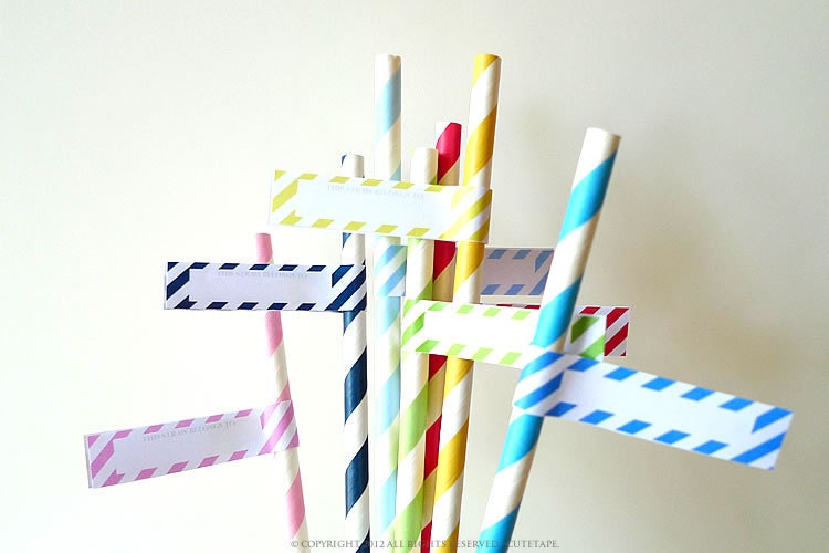 25 Princess PINK Paper Straws Pink and White Striped Straws - Pink Straws w/ DIY Straw Flag PDF Printable Paper Straws Party