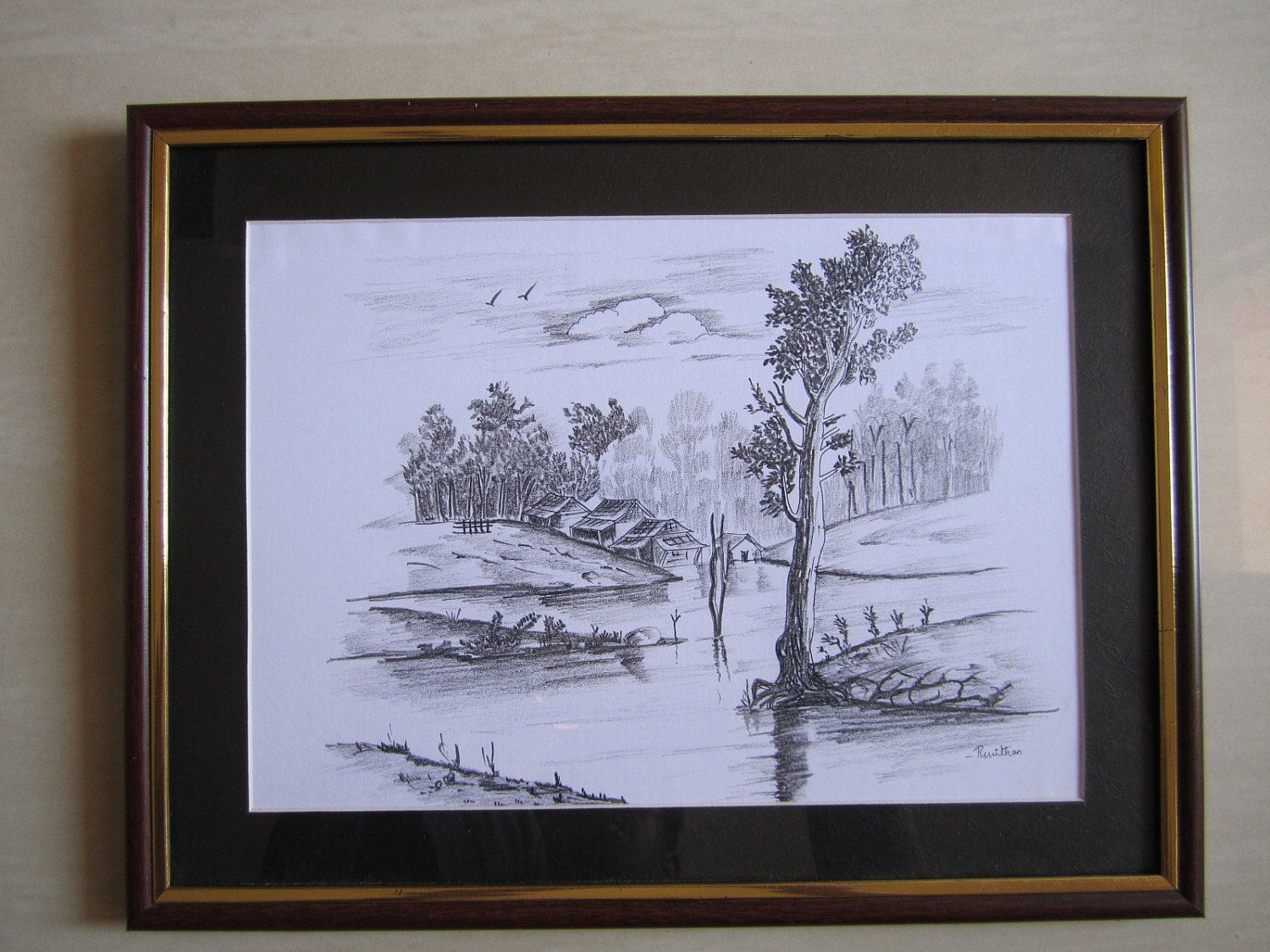 Pencil Sketching - Lake scenary - Print and Framed