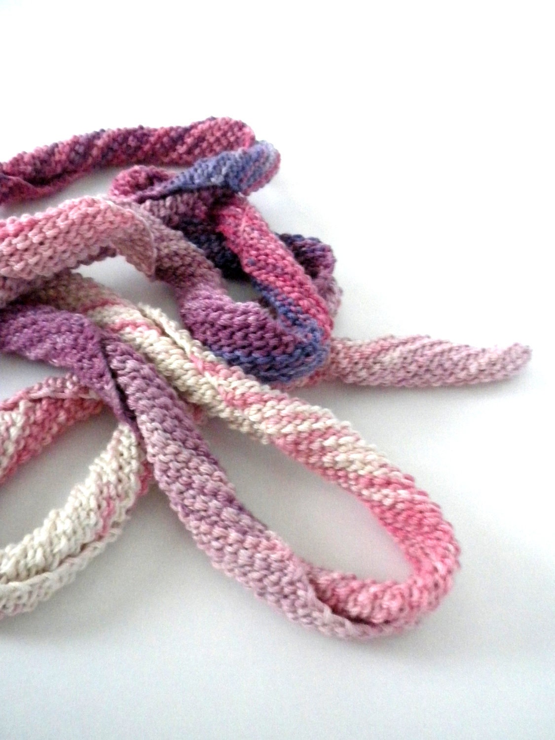 SUMMER SALE: 20% OFF, Bamboo Purples, Spiral, Skinny Scarf, Crochet Necklace, Spring, Summer, Fall, Autumn, Fashion, Off-whites, Lilac, Pink