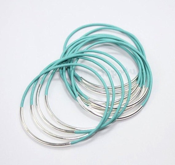 Turquoise leather bangles, silver tubes with turquoise real leather