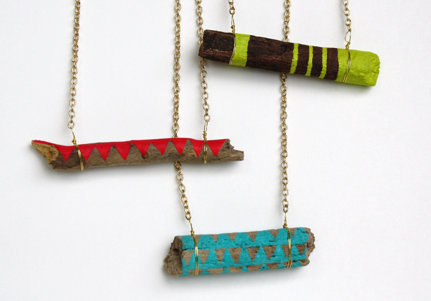 Driftwood Necklace Bar Necklace in Turquoise Geometric Triangle Driftwood Jewelry Tribal Geometry