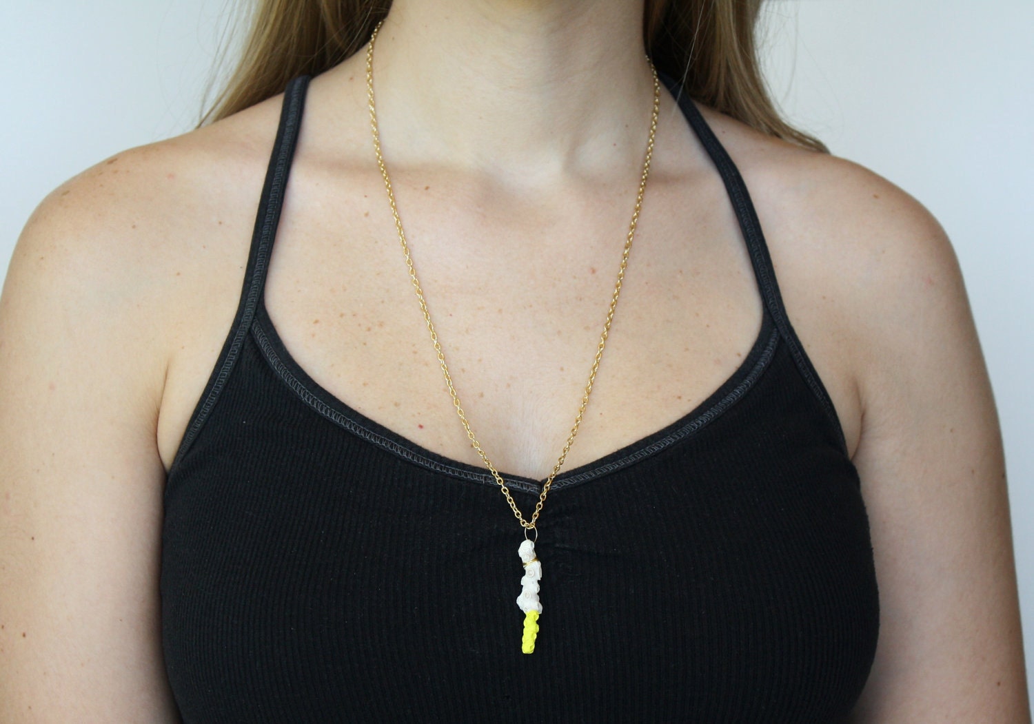 Coral Necklace in Lemon Yellow and White Dipped Color Block Pendant