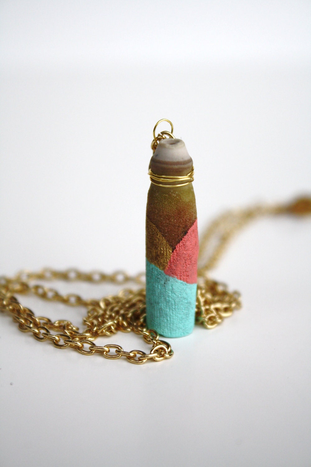 Sea Urchin Pendant Necklace - Gold, Coral Pink, Mint Green Color Block