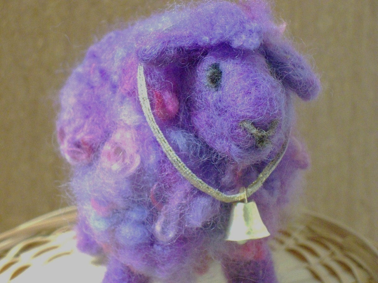 purple wool sheep, needle felted animal, primitive ornament wooly lamb